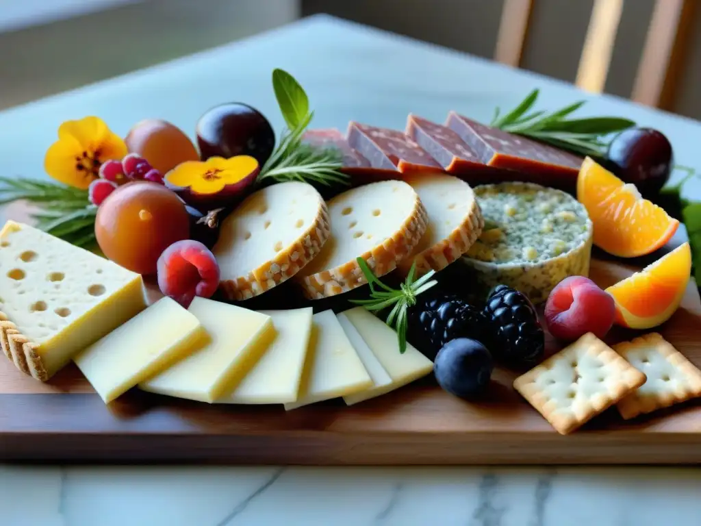 Una exquisita tabla de charcutería francesa con terrinas y patés, rodeada de hierbas frescas y frutas coloridas