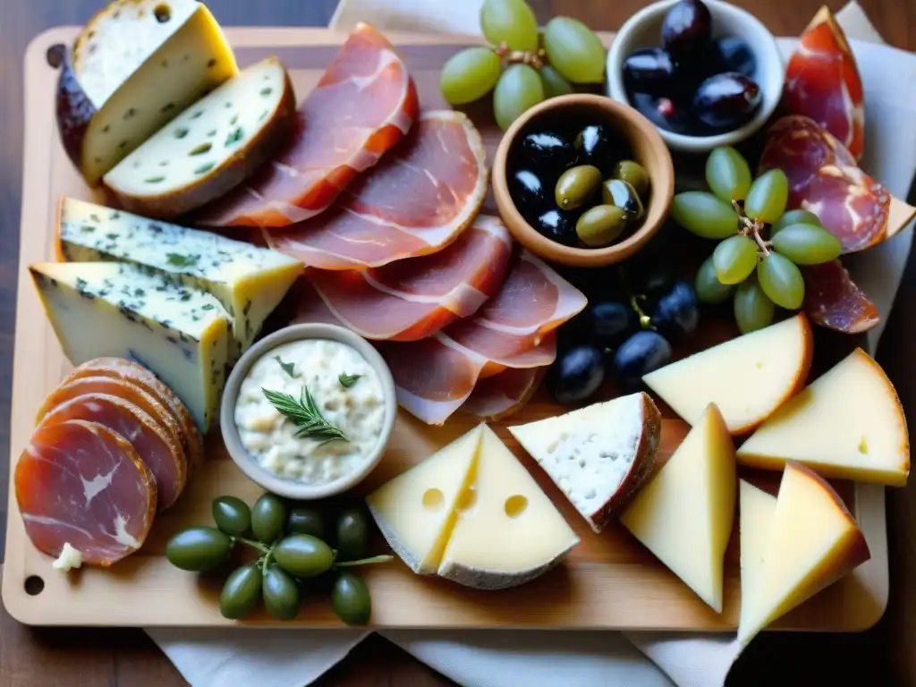 Una exquisita tabla de charcutería italiana con sabores únicos: prosciutto, salami, coppa, quesos, aceitunas, higos, uvas y pan recién horneado