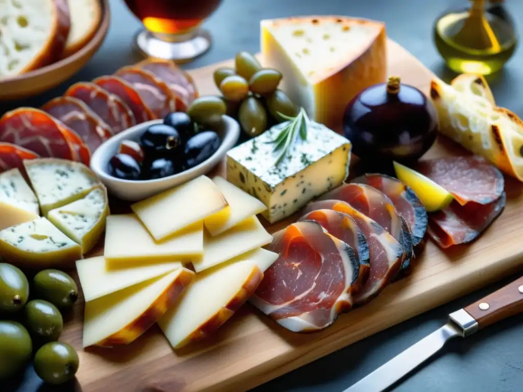 Una exquisita tabla de charcutería italiana con sabores únicos: jamón, salami, quesos, pan, aceitunas, higos y miel en una atmósfera rústica iluminada