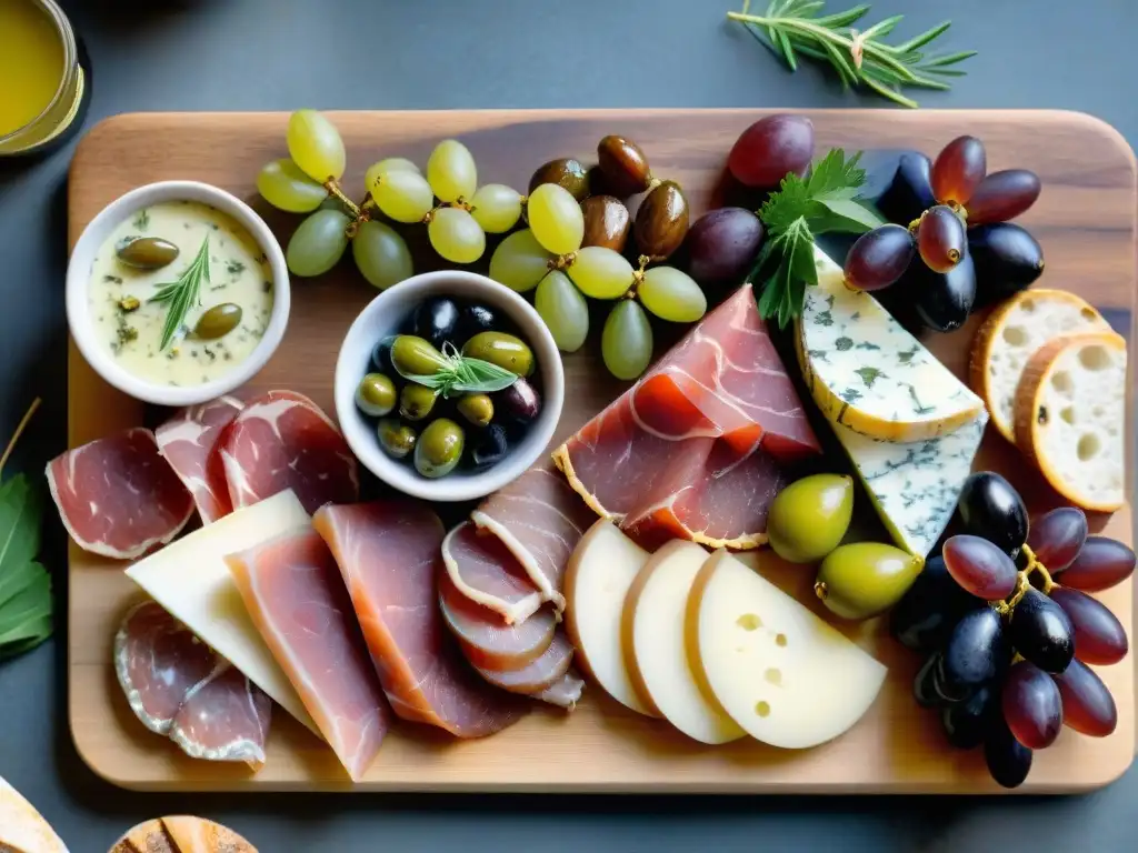 Una exquisita tabla de charcutería italiana con sabores únicos, destacando prosciutto, salami, quesos y frutas frescas