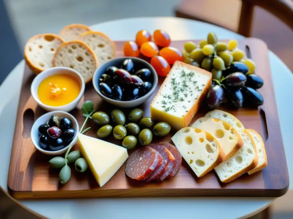 Una exquisita tabla de embutidos y encurtidos gourmet en una cocina moderna