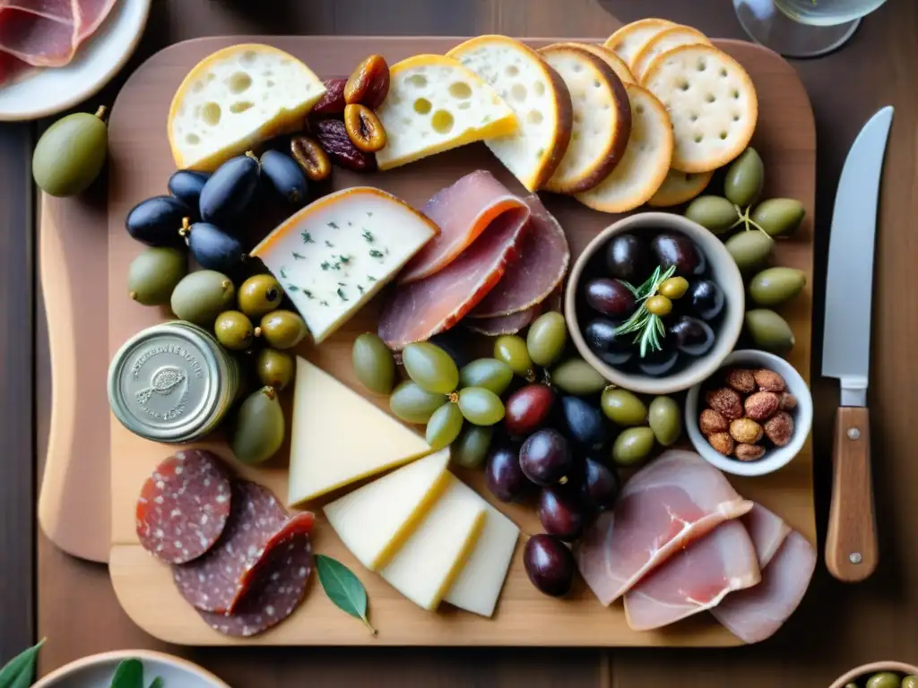 Una exquisita tabla de embutidos gourmet con conservas carne gourmet artesanales modernas, acompañada de crackers y frutas