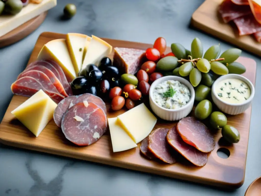 Una exquisita tabla de embutidos gourmet con quesos artesanales, aceitunas y pan, destacando las técnicas de curado de carnes en salmuera