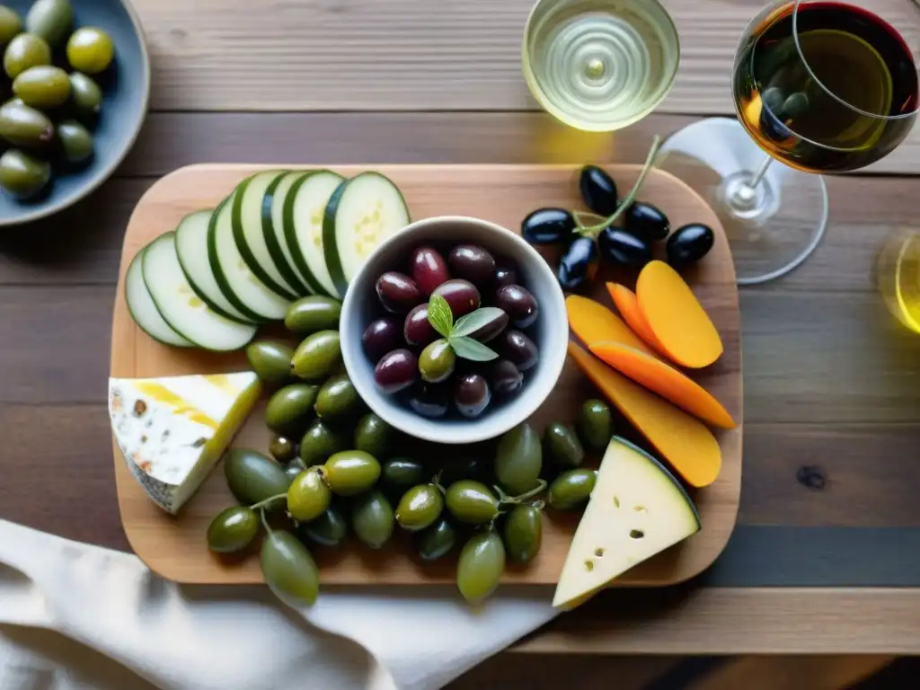 Una exquisita tabla de embutidos y maridaje vinos encurtidos gourmet en una elegante presentación