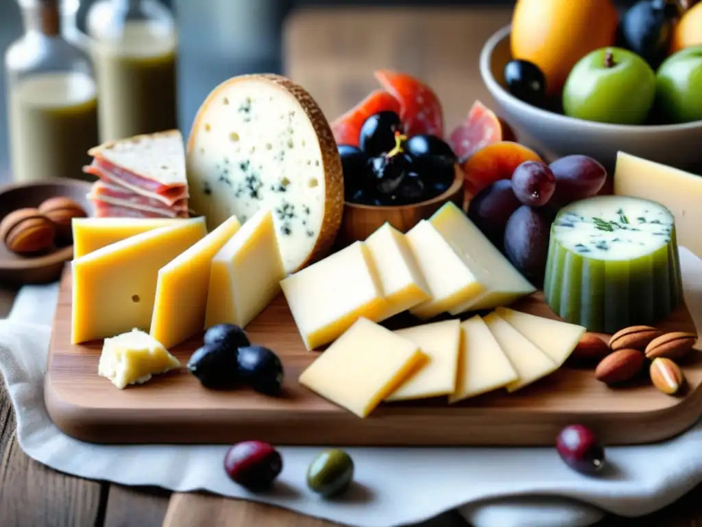 Una exquisita tabla de embutidos y quesos gourmet en una mesa de madera rústica