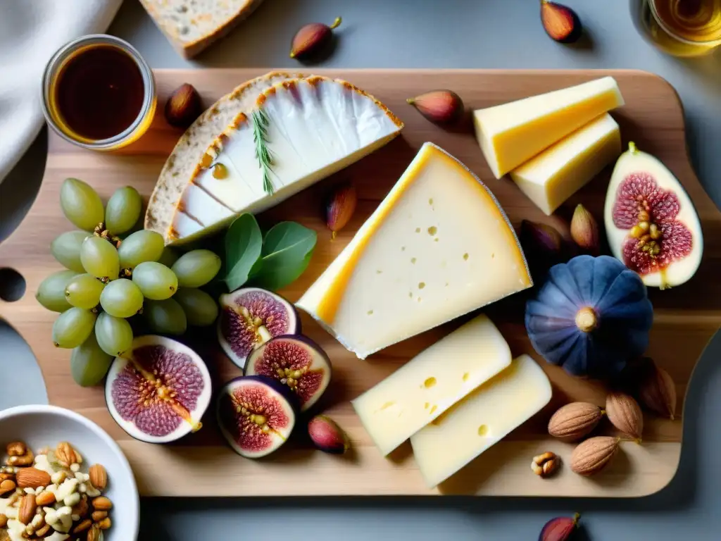 Una exquisita tabla de embutidos y quesos finos maridados con vinos blancos, con luces suaves que realzan cada detalle