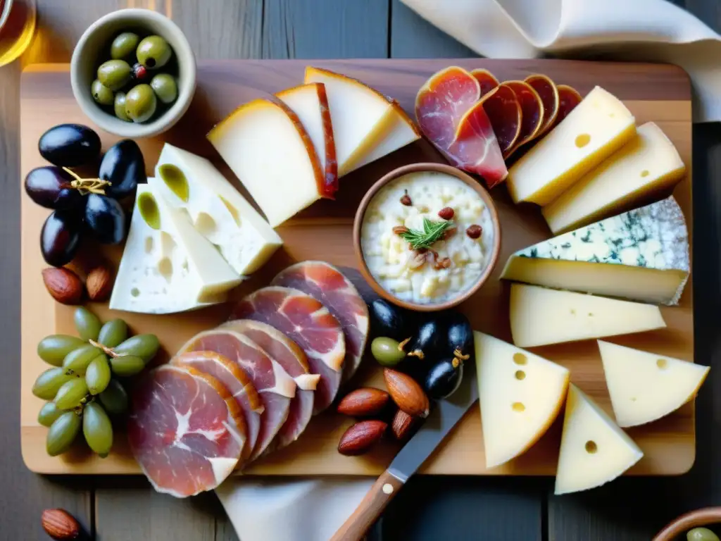 Una exquisita tabla de embutidos y quesos con un toque umami en charcutería, presentada con elegancia en madera rústica