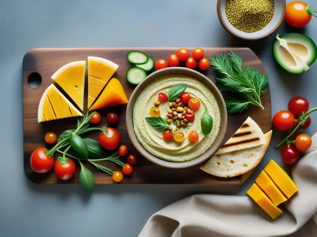 Una exquisita tabla de madera con ingredientes para Secretos verdadero Hummus gourmet, iluminación cálida y colores vibrantes