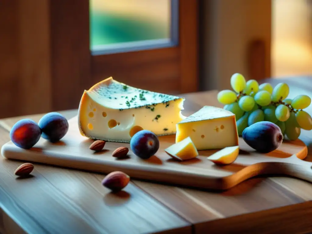 Una exquisita tabla de quesos artesanales, frutas frescas y frutos secos sobre madera rústica