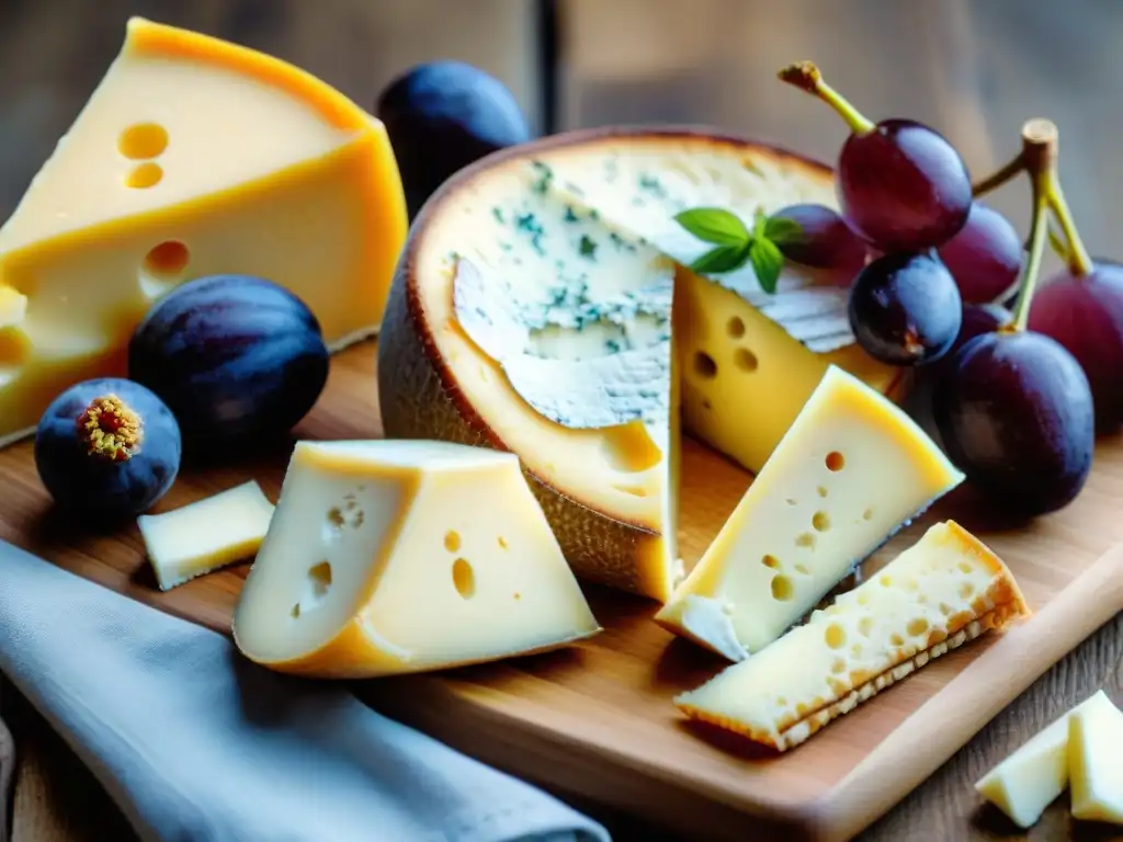 Una exquisita tabla de quesos artesanales orgánicos gourmet con variedad de texturas y colores, acompañados de uvas, higos, galletas y miel