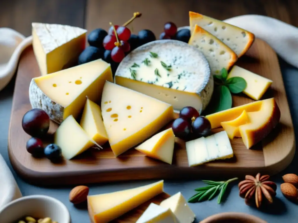 Tablero gourmet de quesos vegetarianos europeos en 8k Exquisita tabla de quesos europeos vegetarianos gourmet en tabla de madera rustica