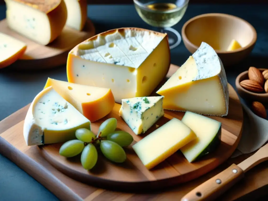 Exquisita tabla de quesos europeos: Brie, Gouda, Roquefort y Manchego en tabla rústica