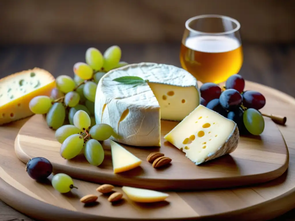 Una exquisita tabla de quesos franceses gourmet con Camembert, Roquefort, Brie y Comté, rodeada de uvas, crackers y baguette, destacando texturas y colores