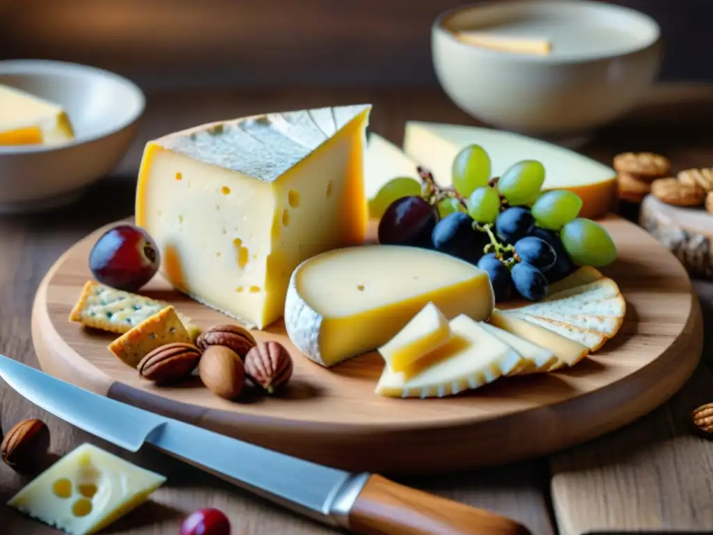 Una exquisita tabla de quesos gourmet sobre una mesa de madera rústica, rodeada de uvas, nueces y crackers artesanales