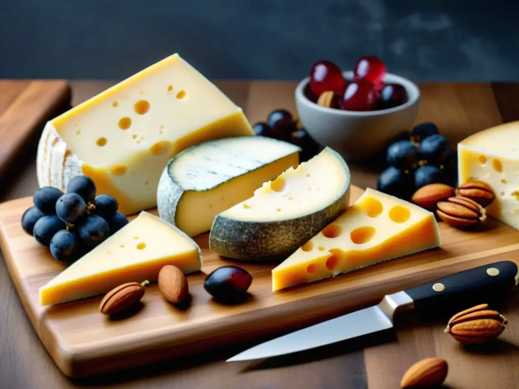 Exquisita tabla de quesos gourmet en mesa de madera con vino tinto y etiquetas, para los amantes del queso gourmet