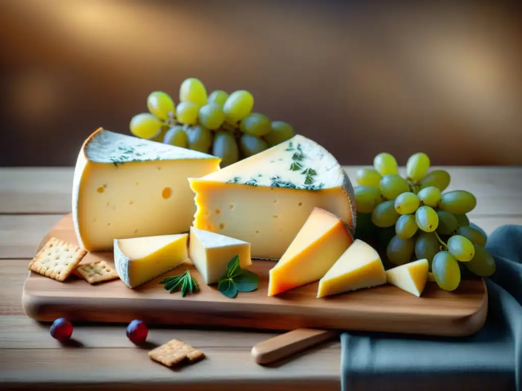 Una exquisita tabla de quesos internacionales con uvas, galletas y hierbas frescas