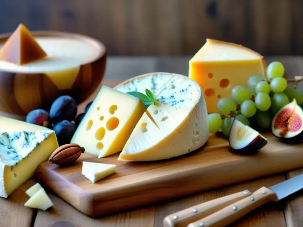 Deliciosa tabla de quesos europeos: Manchego, Roquefort, Pecorino y Feta Una exquisita tabla de quesos de oveja europeos delicados, acompañados de frutas y miel, sobre una mesa rústica con luz natural suave