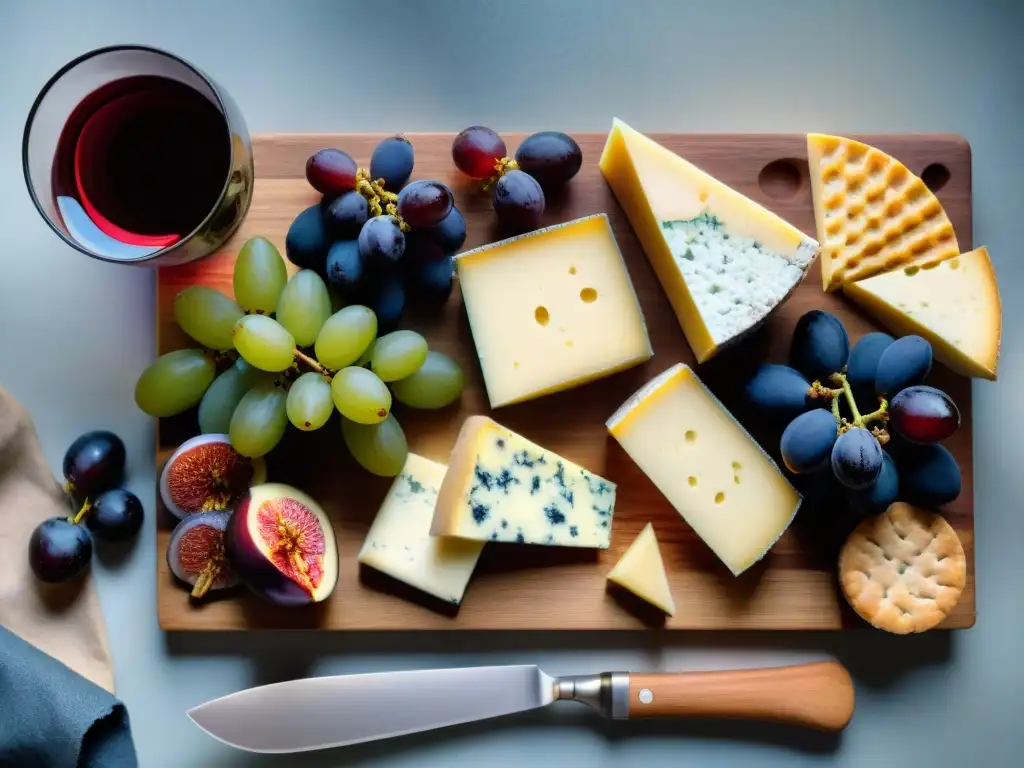 Una exquisita tabla de quesos prensados y vinos robustos gourmet