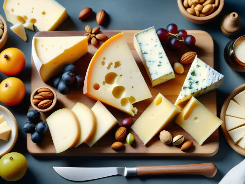 Una exquisita tabla de quesos con variedad de texturas, colores y formas, acompañada de crackers, frutas y nueces