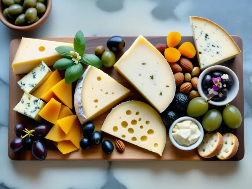 Una exquisita tabla de quesos veganos gourmet caseros, con variedad de texturas y colores, rodeada de frutas frescas y pan artesanal