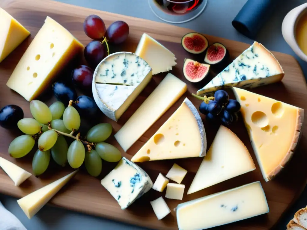 Una exquisita tabla de quesos y vinos gourmet, con brie, cheddar, uvas y vinos