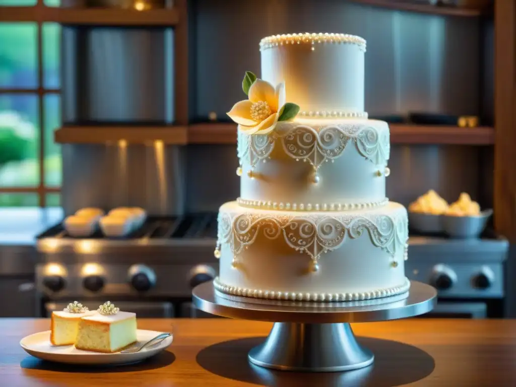 Una exquisita tarta de boda de tres pisos decorada con detalles elaborados en una panadería artística