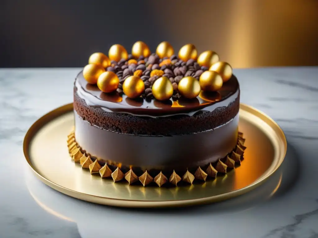 Una exquisita tarta de chocolate con especias africanas, ganache brillante y toques de oro comestible, en una presentación moderna y elegante