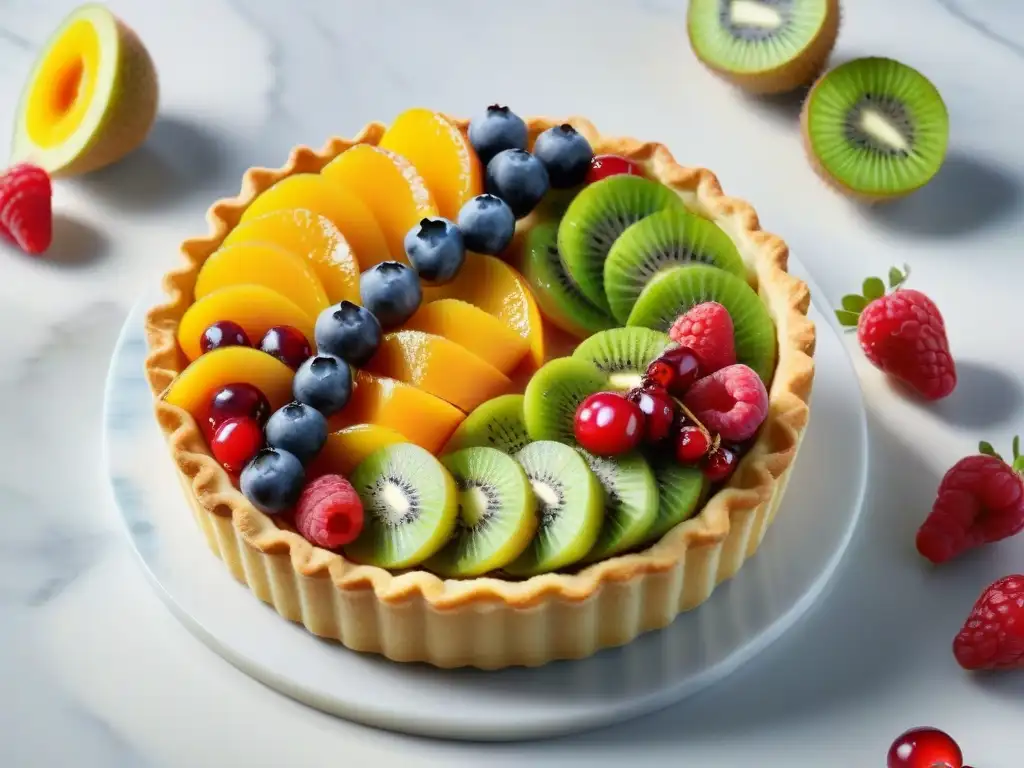 Una exquisita tarta frutal gourmet fresca con bayas, kiwi y flores comestibles sobre mármol blanco