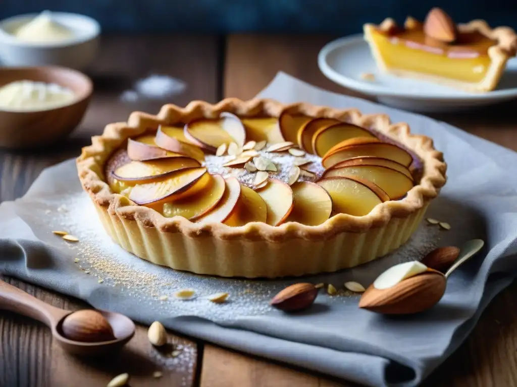 Una exquisita tarta Frangipane recién horneada con una cremosa crema de almendras y decorada con almendras fileteadas