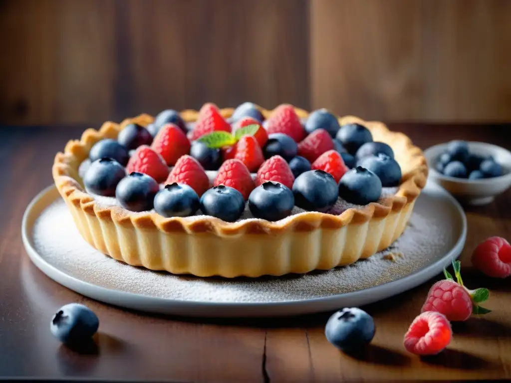 Una exquisita Tarte Tropézienne en un escenario de verano francés con bayas frescas