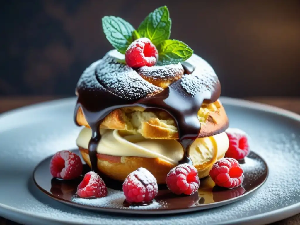 Exquisita torre de profiteroles gourmet con crema de vainilla, ganache de chocolate y frutas frescas