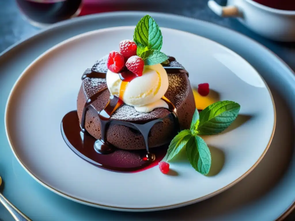 Una exquisita torta de lava de chocolate con helado de vainilla y coulis de frambuesa, ideal para maridaje helados sorbetes postres gourmet