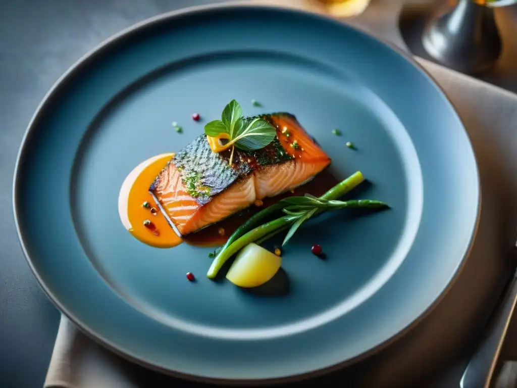 Exquisita trucha alpina: arte culinario en tu pantalla Una exquisita trucha alpina gourmet en alta gastronomía, con vegetales y salsa cítrica