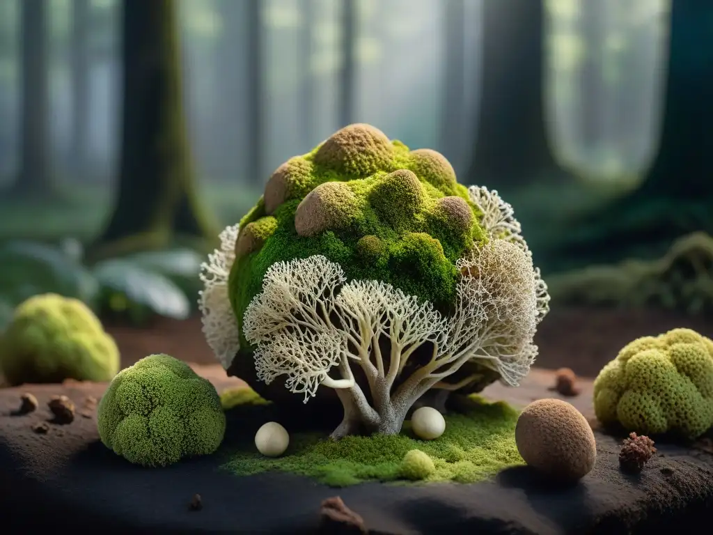 Una exquisita trufa blanca sobre musgo verde en un bosque, creando una atmósfera sublime