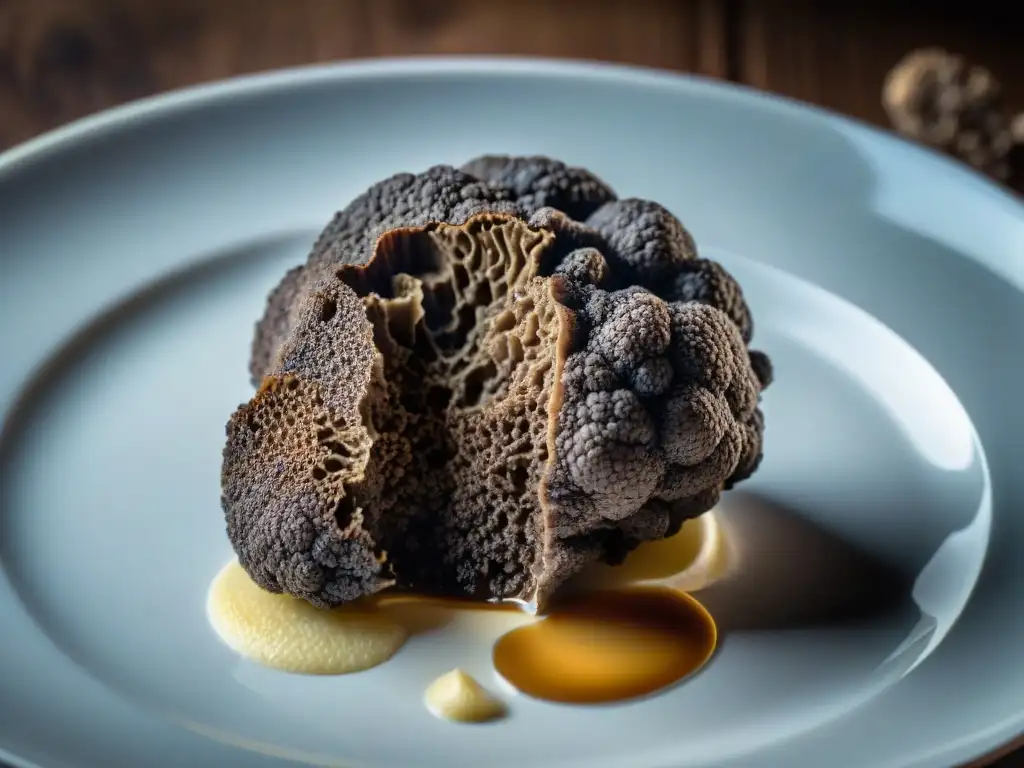 Exquisita trufa negra recién cosechada en plato blanco, resaltando la textura y aroma terroso