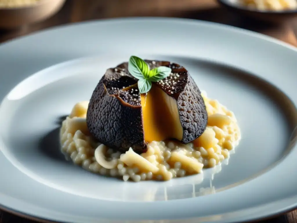 Exquisita trufa negra sobre risotto gourmet en un elegante plato, para los amantes de la gastronomía en los mejores hoteles trufa