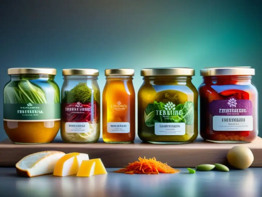 Delicias Fermentadas: Coloridas y Saludables Una exquisita variedad de alimentos fermentados en colores vibrantes resaltando frescura y beneficios saludables