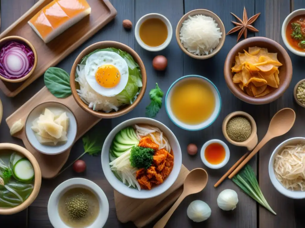 Deliciosos alimentos fermentados: una explosión de sabor y salud Una exquisita variedad de alimentos fermentados en una mesa rústica, resaltando sus beneficios para la salud