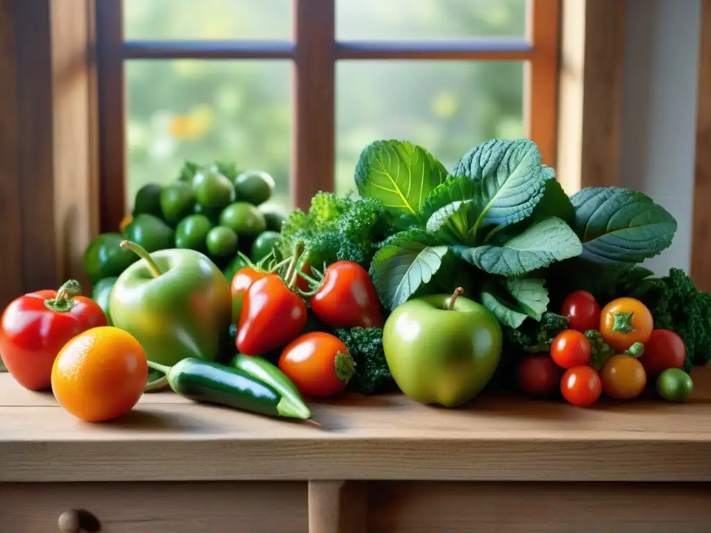 Una exquisita variedad de alimentos orgánicos beneficios y futuro, frescos y vibrantes, dispuestos con detalle en una mesa rústica de madera