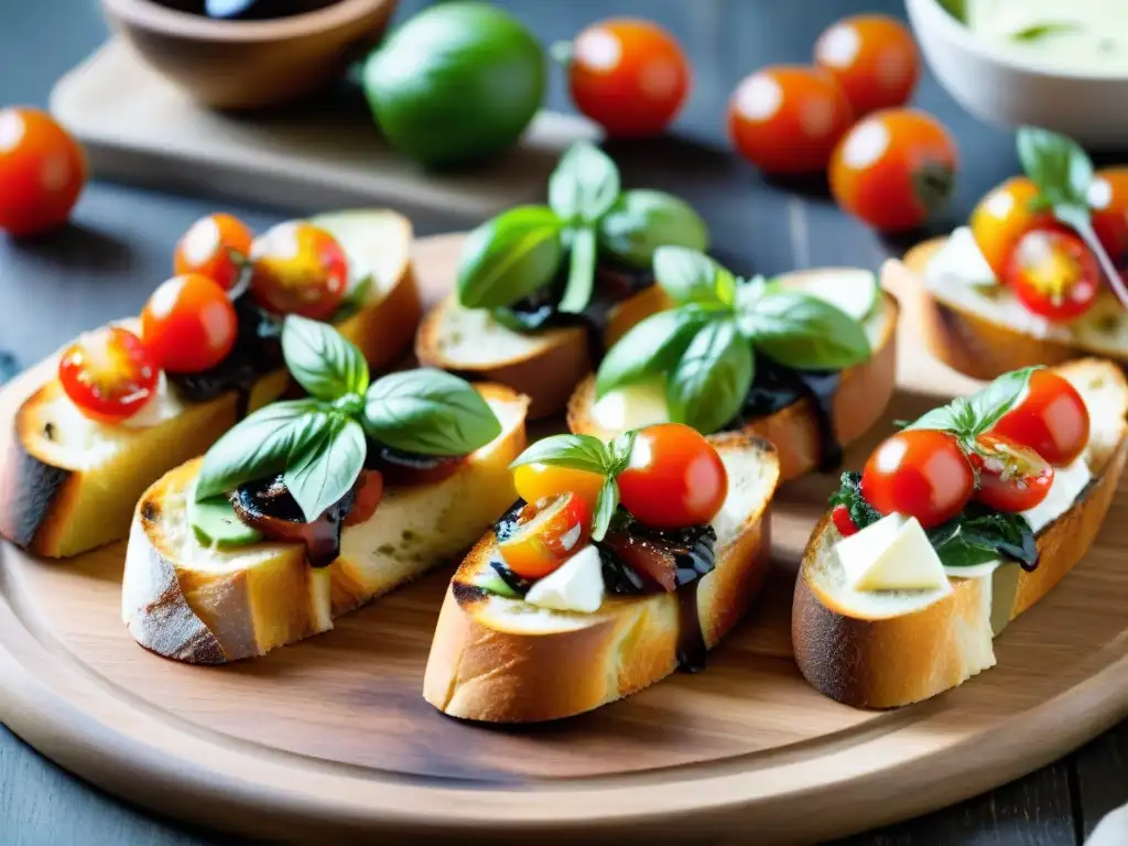 Deliciosas Bruschettas gourmet en tabla de madera rústica Deléitate con una exquisita variedad de Bruschettas gourmet en una tabla de madera rústica