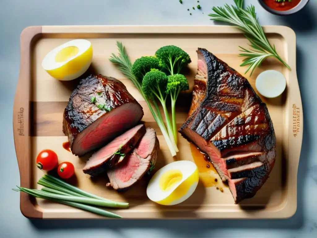 Una exquisita variedad de carnes premium de todo el mundo, presentadas con elegancia en una tabla de cortar de madera