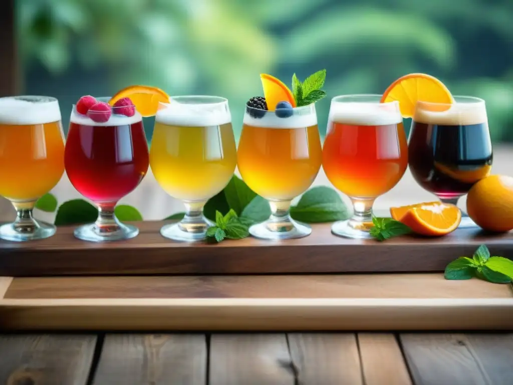 Degusta la exquisita variedad de cervezas artesanales infusionadas con frutas, servidas con elegancia en tabla rústica