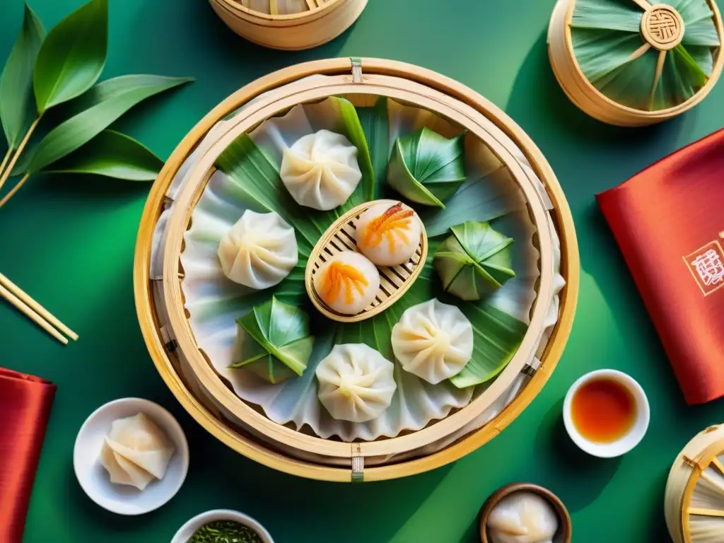 Exquisita variedad de dim sum chinos en cesta de bambú con té verde y palillos, ideal para tu guía principiantes dim sum China