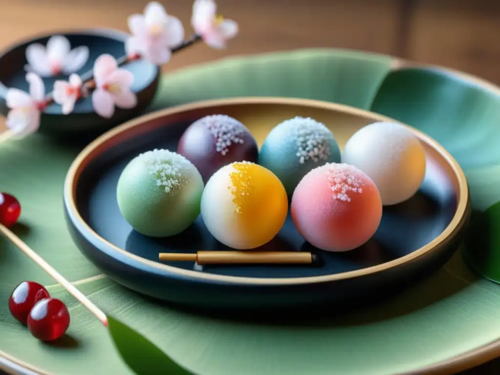 Dangos japoneses: delicia colorida y cultural Una exquisita variedad de dulces japoneses Dangos gourmet en un plato tradicional, con textura brillante y colores vibrantes