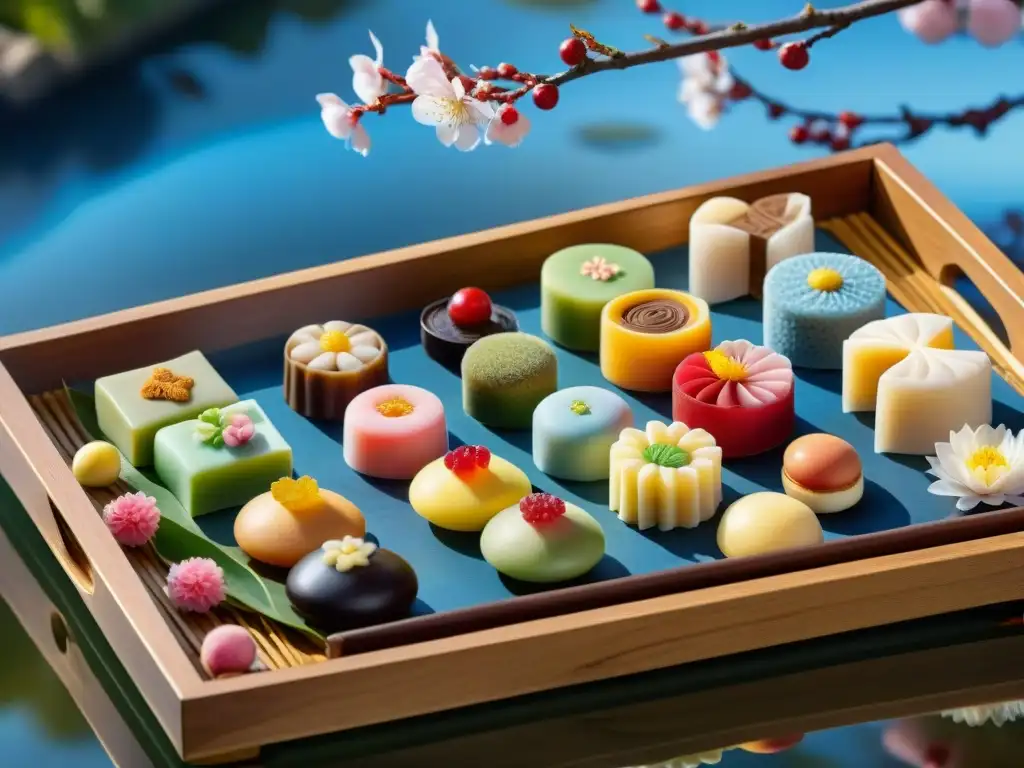 Una exquisita variedad de dulces japoneses Wagashi en un jardín sereno