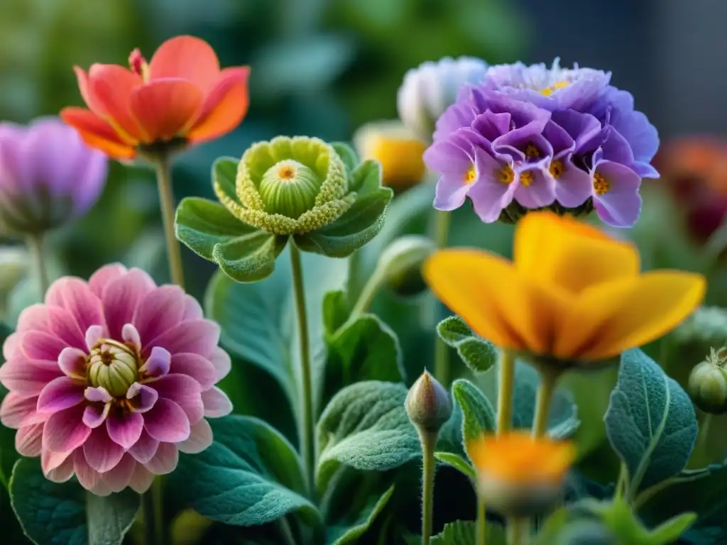 Una exquisita variedad de flores comestibles para platos gourmet en un jardín urbano, detalladas y coloridas