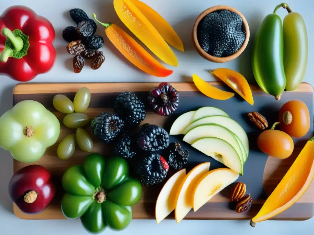 Una exquisita variedad de frutas y verduras deshidratadas en tabla de madera, resaltando frescura y colores vibrantes