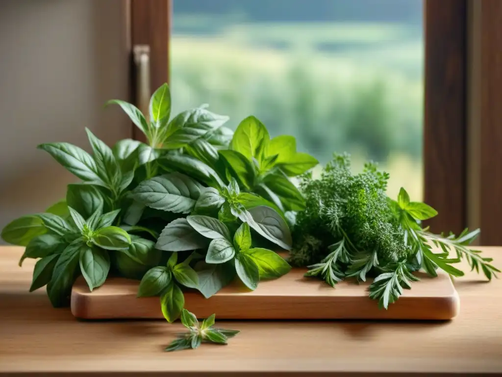 Una exquisita variedad de hierbas aromáticas para cocina gourmet en tabla rústica de madera, destacando detalles y colores bajo la luz del sol