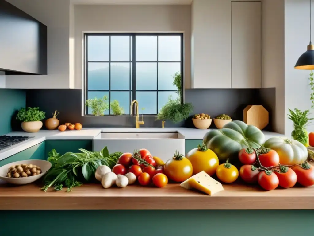 Ingredientes gourmet orgánicos en cocina moderna Una exquisita variedad de ingredientes orgánicos de cocina gourmet en una cocina moderna y luminosa