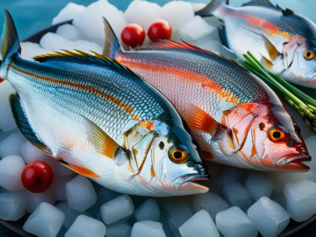 Una exquisita variedad de pescados premium menos conocidos sobre hielo en un mercado gourmet, con expertos y clientes descubriendo delicias marinas